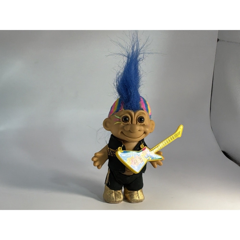 Vintage Russ Troll Doll 5" Punk Rock Rockstar Blue Rainbow Mohawk Hair - Picture 4 of 5